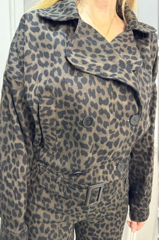 Leopar Lastikli  Crop Ceket-Camel